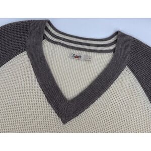 Faherty Throwback Waffle V Neck Womens L Cream Brown Cotton Cashmere Sweater